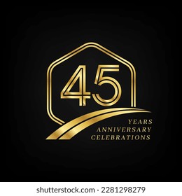 45 years anniversary. Lined gold hexagon and curving anniversary template.