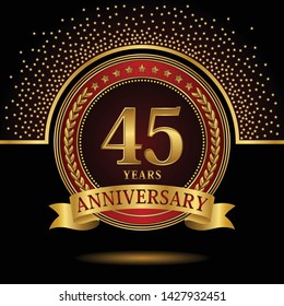 45 years anniversary logo celebration with ring and ribbon, on dark background, vector template.