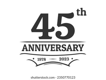 45 years anniversary logo, icon or label. 45th jubilee, birthday celebration vintage design template. Wedding, invitation card element. Vector illustration.