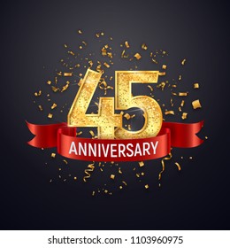 45 years anniversary logo template on dark background. Forty five celebrating golden numbers with red ribbon vector and confetti isolated design elements