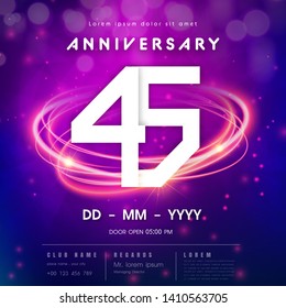 45 years anniversary logo template on purple Abstract futuristic space background. 45th modern technology design celebrating numbers with Hi-tech network digital technology concept design elements.