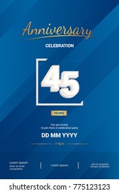 45 Years Anniversary Logotype with 3d white number isolated on blue abstract background