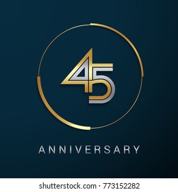 45 Years Anniversary Logotype with  Gold and Silver Multi Linear Number in a Golden Circle , Isolated on Dark Background