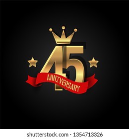 45 years Anniversary simple design with golden font, star and crown and red ribbon. Red ribbon and golden text on top golden number. My all design can see in my portofolio