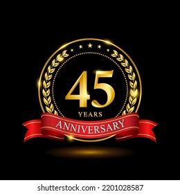 45 Years Anniversary template design, with shiny ring and red ribbon, laurel wreath isolated on black background, logo vector