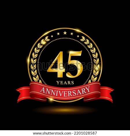 45 Years Anniversary template design, with shiny ring and red ribbon, laurel wreath isolated on black background, logo vector