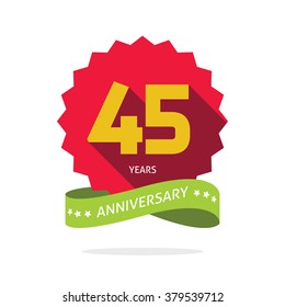 45 years anniversary vector label logo, shadow on star, number 45 (four five), 45th years anniversary icon. Forty five birthday party symbol. Forty fifth promotion sale sticker ribbon, poster, emblem