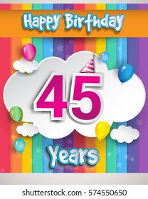 45 Years Birthday Celebration, with balloons and clouds, Colorful Vector design for invitation card and birthday party.