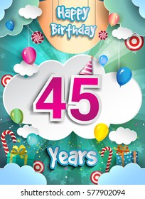 45 Years Birthday Design for greeting cards and poster, with clouds and gift box, balloons. design template for anniversary celebration.