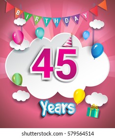 45 Years Birthday Design for greeting cards and poster, with clouds and gift box, balloons. using Paper Art Design Style. vector elements for anniversary celebration.