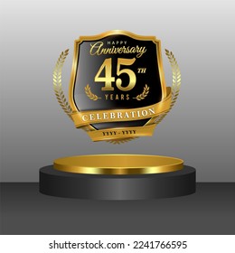 45 years gold anniversary celebration logo with 3d golden cylinder podium , isolated on grey background