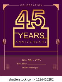 45 years golden anniversary design line style with square golden color for anniversary celebration event.