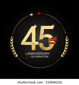 45 years golden anniversary logo with red ribbon, low poly design number, isolated on black background