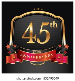 45 years golden anniversary logo celebration with ring and ribbon.