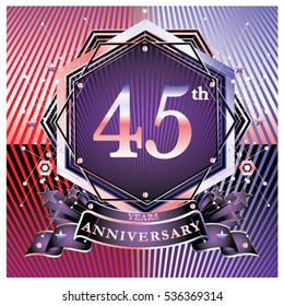 45 years golden anniversary logo celebration with ring and ribbon. Symbol and template for greeting card