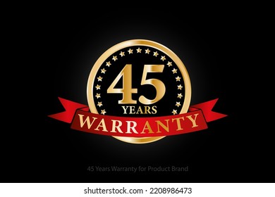 45 years golden warranty logo with ring and red ribbon isolated on black background, vector design for product warranty, guarantee, service, corporate, and your business.