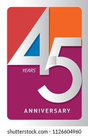 45 Years Old Celebrating Modern Logo. Colored Happy Anniversary Template Numbers. Vector Design For Celebration, Invitation Card, And Greeting Card