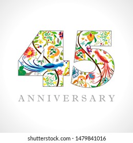 45 years old logotype. 45 th anniversary numbers. Decorative symbol. Age congrats with peacock birds. Isolated abstract graphic design template. Royal coloured digits. Up to 45% percent off discount.