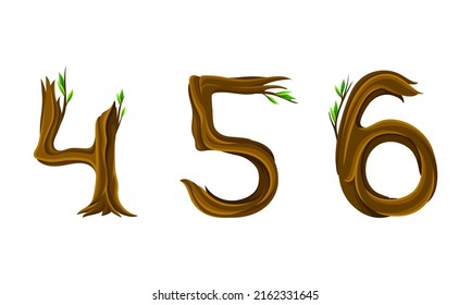 4,5,6 Zahlen aus Ästen und Blättern. Ökologische organische Typografie, Vektorgrafik