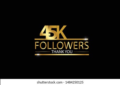 45k, 45.000 Followers celebration logotype. anniversary logo with golden and Spark light white color isolated on black background for social media - Vector