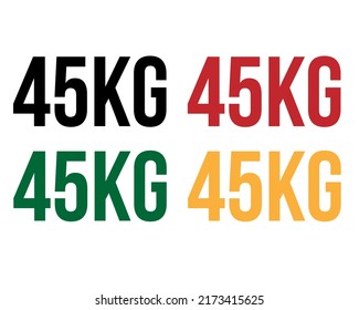 45 kg de texto. Vector con valor en kilogramos negro, rojo, verde y naranja sobre fondo blanco.