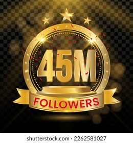 45M Followers Logotype with Gold and red Confetti Isolated on Black Background (PNG), Vector Design for Greeting Card and Social Media.