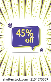 45%off. white banner with forty five percent discount on a purple balloon for mega big sales
