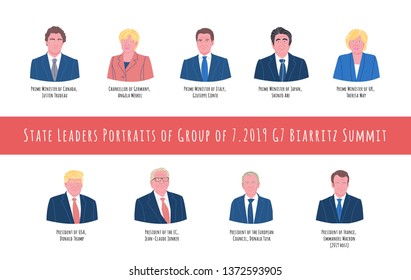 45th 2019 Biarritz Summit Hand Drawn Vector Illustration. State Leaders Portraits Set. Group Of Seven, G7. International Government Meeting, Event. Political Organization. 