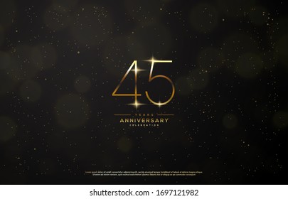 45th anniversary background with an illustration of golden figures there is a ray of light in front of a black background.