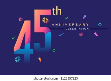 45th anniversary celebration with colorful design, modern style with ribbon and colorful confetti isolated on dark background, for birthday celebration
