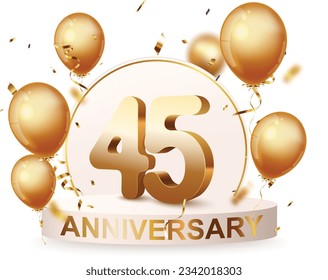 45th Anniversary celebration podium background with gold confetti and balloons