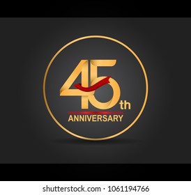 45th anniversary design golden color with ring and red ribbon isolated on black background for celebration