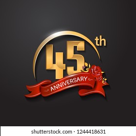 45th anniversary design logotype with golden swoosh, red ribbon and red rose. Vector template for use in celebration company event, greeting card, and invitation card