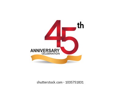 45th anniversary design logotype red color and golden ribbon for celebration isolated on white background