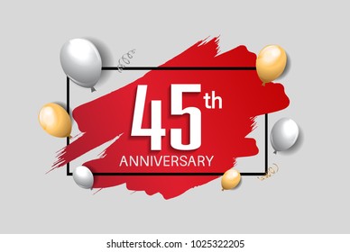 45th anniversary design with red brush, balloons, and square isolated on white background for celebration