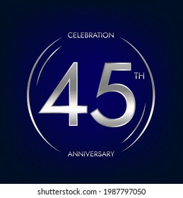 45th anniversary. Forty-five years birthday celebration banner in silver color. Circular logo with elegant number design.