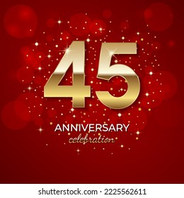 45th Anniversary. Golden number 45 with sparkling confetti and glitters for celebration events, weddings, invitations and greeting cards. Realistic 3d sign. Vector festive illustration