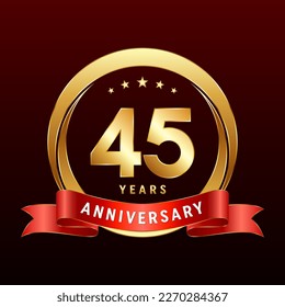 45th Anniversary logo design with golden ring and red ribbon. Logo Vector Template Illustration