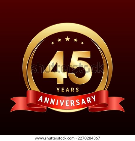 45th Anniversary logo design with golden ring and red ribbon. Logo Vector Template Illustration