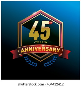 45th anniversary logo with gold ring and red ribbon. Anniversary signs illustration. Gold anniversary logo design and illustration