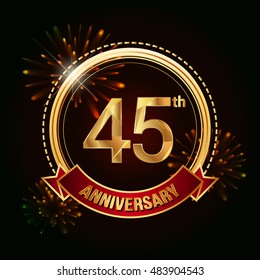 45th anniversary logo golden colored using ring, red ribbon, and fireworks background