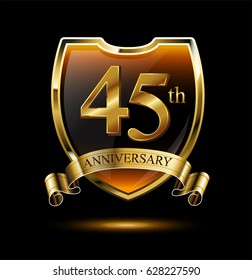 45th anniversary logo with golden shield and ribbon. Vector illustration celebration template