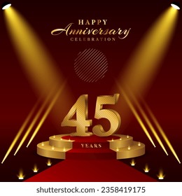 45th anniversary logo with numbers and podium in gold color, logo design for celebration event, invitation, greeting card, banner, poster, and flyer, vector template