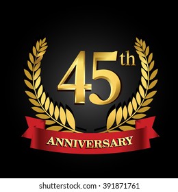 45th anniversary logo with red ribbon and golden laurel wreath, vector template for birthday celebration.