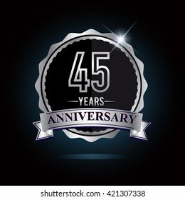45th anniversary logo with ribbon and silver shiny badge, vector design for birthday celebration