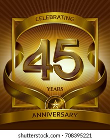 45th anniversary logo. Vector and illustration shiny gold ribbon