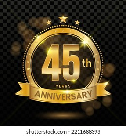 45th Anniversary Logotype with Gold Confetti Isolated on Black Background, Vector Design for Greeting Card and Invitation Card
