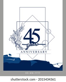 Logotipo del 45º Aniversario con fondo de color azul dibujado a mano para celebración, boda, tarjeta de saludo e invitación.