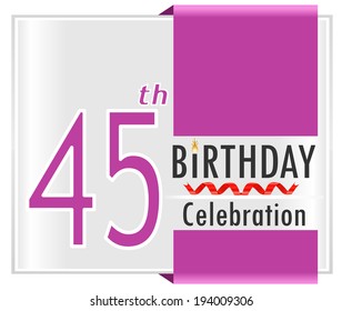 45th birthday, 45 year celebration card with vibrant colors and ribbon - vector illustration