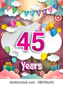 45th Birthday Celebration greeting card Design, with clouds and balloons. Vector elements for the celebration party of forty five years anniversary